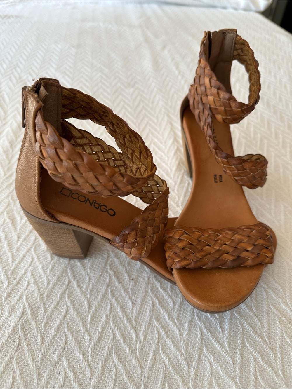 Contigo Italy Made Leather Woven Strap Block-Heel Sandals in Brown Boho braided